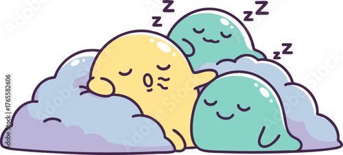 Adorable cartoon blob characters sleeping on soft clouds. Cute illustration of sweet dreams and peaceful rest.