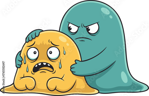 Bullying and Fear Cartoon: Angry Blue Monster Intimidating Scared Yellow Blob Character Illustration