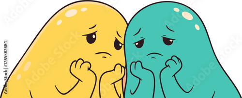 Two cute cartoon blobs feeling sad and worried, expressing sorrow and empathy. Yellow and teal characters looking downcast, showing distress.