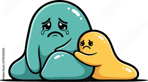 Sad blue blob comforted by a yellow blob, showing empathy and emotional support. Cute cartoon illustration.