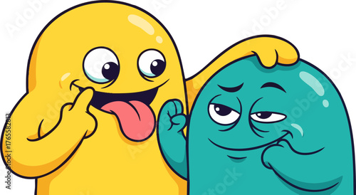 Playful yellow and teal cartoon blobs making funny faces, showing humor and friendship, isolated