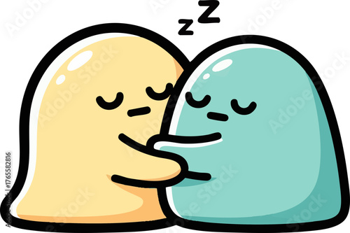 Cute cartoon blobs hugging and sleeping with Zzz symbol. Adorable characters embracing, symbolizing comfort and sweet dreams illustration.
