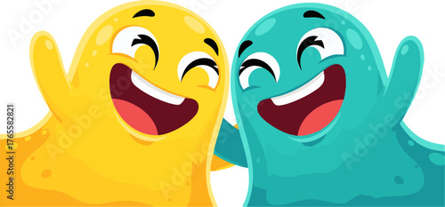 Cheerful cartoon blob characters embracing, expressing joy and friendship on a white background