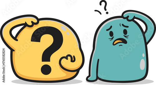 Cartoon blobs illustrating confusion, doubt, and questions; problem-solving and thinking concept