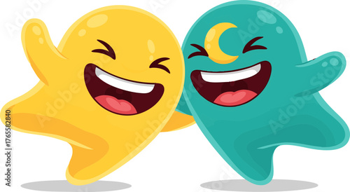 Joyful cartoon blob characters, yellow and teal, laughing happily with wide smiles, expressing fun, friendship, and happiness.