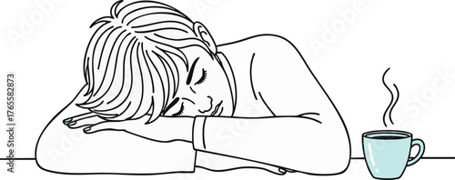 Exhausted person sleeping on desk with coffee cup, symbolizing fatigue, burnout, and the need for rest or energy.