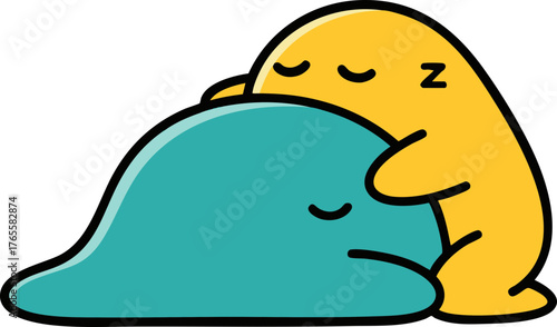 Cute Cartoon Blob Characters Cuddling and Sleeping Peacefully, Symbolizing Comfort, Friendship, and Sweet Dreams