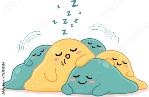 Cute Cartoon Blobs Sleeping in a Pile with Zzz's - Adorable Sleepy Characters Vector Illustration