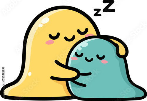 Adorable cartoon blobs hugging and sleeping peacefully. Cute characters resting together, representing comfort and friendship.