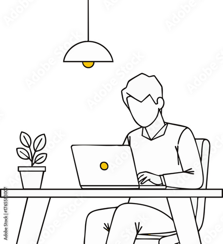 Person Working on Laptop at Desk with Potted Plant and Lamp. Minimalist Line Art Illustration of Remote Work or Study
