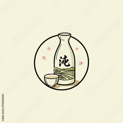 Japanese sake bottle and cup icon flat vector design.