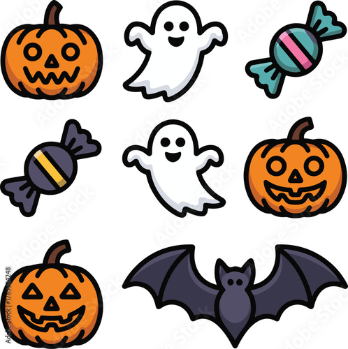 Cartoon illustrations of Halloween pumpkins ghosts candies and a bat on a white background image