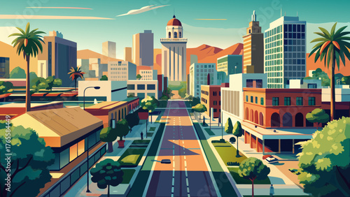 Very beautiful aerial view of the urban core of downtown Bell Gardens, California, showcasing tightly packed buildings, streets, and city infrastructure under warm daylight, highlighting the vibrant c