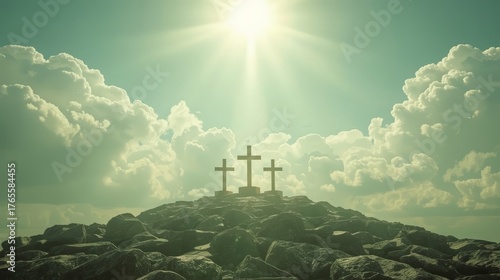 A distant view of Golgotha at sunset, featuring the silhouette of a cross symbolizing the crucifixion. The dramatic landscape, warm tones, and spiritual atmosphere 