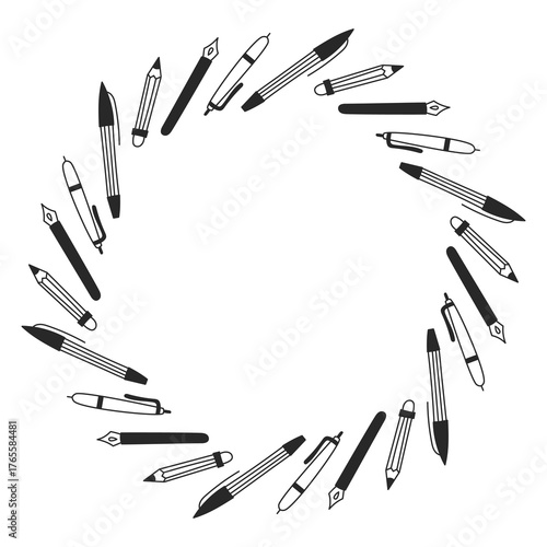 Stationery Circle Frame. Pen Pencil Quill Round Border. Office supplies and Tools decoration. Empty doodle template for card poster banner invitation design