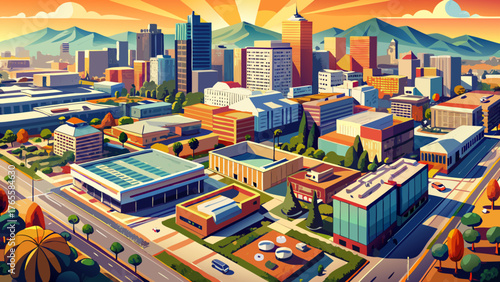 Very beautiful aerial view of the urban core of downtown Bell Gardens, California, showcasing tightly packed buildings, streets, and city infrastructure under warm daylight, highlighting the vibrant 