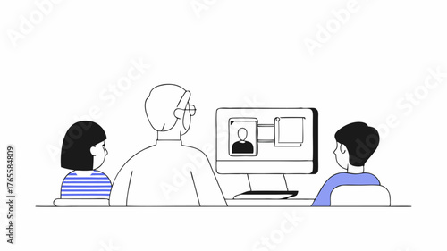 An elder using a computer to teach digital literacy skills to a small group of youth showcasing the transfer of knowledge about technology in a modern context.