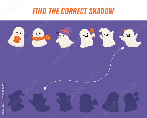 Find correct shadow of cute ghosts. Educational logical game for kids. Halloween game. Cartoon ghost in flat style. Vector
