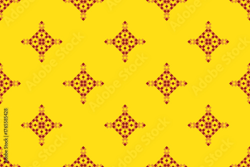 Bright folk diamond geometric pattern in yellow and red tones. Inspired by traditional ethnic art with a modern twist, perfect for textile design, fabric prints, wallpapers, and cultural decorative pr