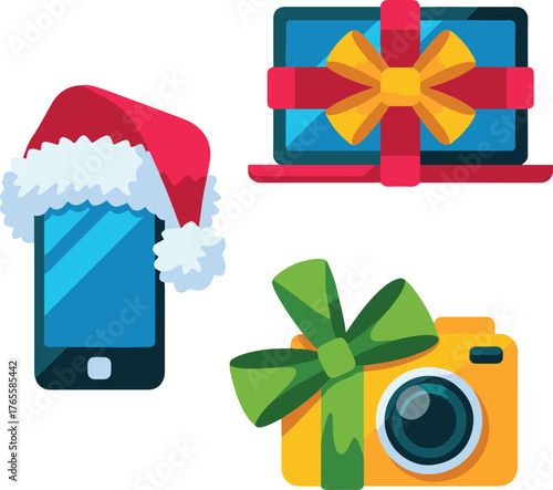 Festive gadgets with santa hat and bows for holiday celebrations and gift ideas illustration