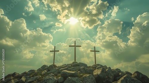 A distant view of Golgotha at sunset, featuring the silhouette of a cross symbolizing the crucifixion. The dramatic landscape, warm tones, and spiritual atmosphere 