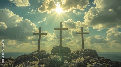 A distant view of Golgotha at sunset, featuring the silhouette of a cross symbolizing the crucifixion. The dramatic landscape, warm tones, and spiritual atmosphere 