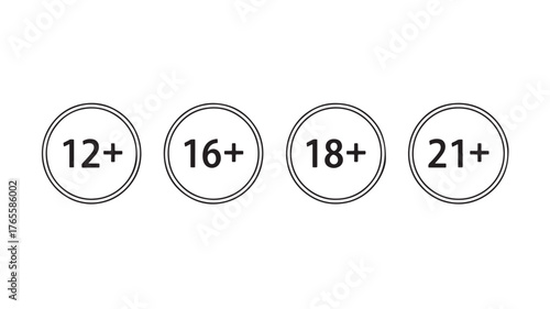 Four circular age restriction labels with numbers on transparent background silhouette