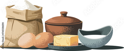 Cooking ingredients collection, flour sack, eggs, butter block, milk bowl, clay pot, kitchen preparation, baking essentials, culinary setup, rustic food concept