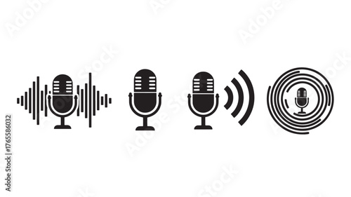 Black microphone icons with sound waves a valuable design element silhouette on transparent background