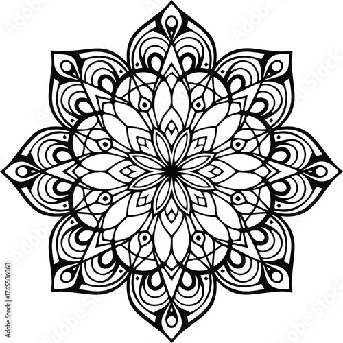 Black and white geometric flower with intricate patterns shows remarkable symmetry against transparency