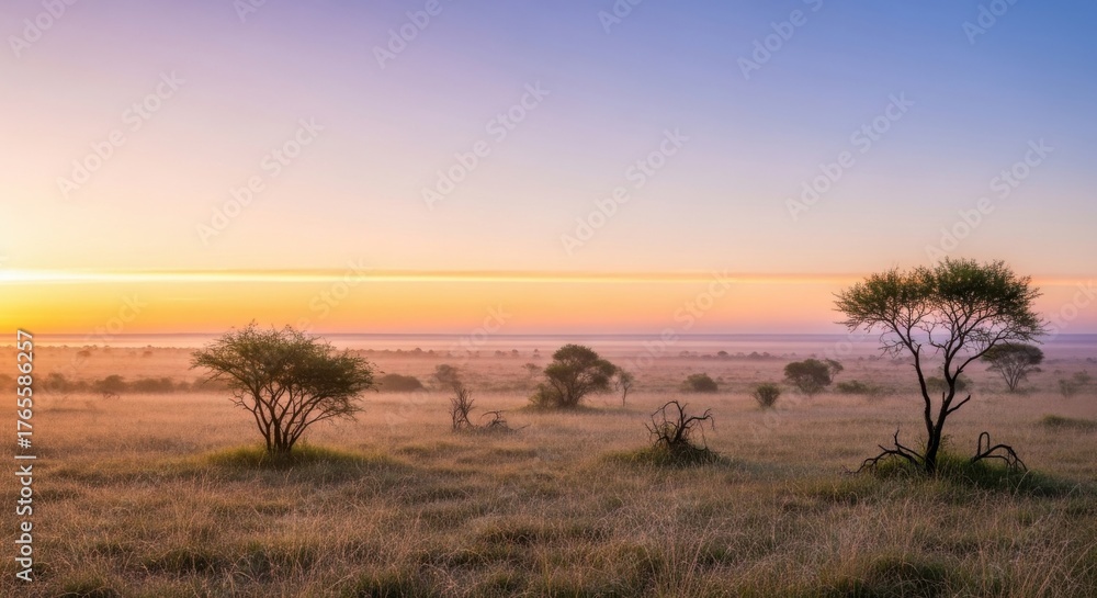 Fototapeta premium Tranquil african savannah landscape at sunrise with acacia trees and vast horizon