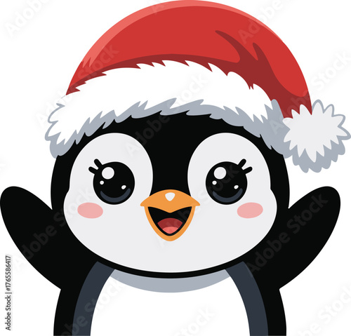 Adorable cartoon penguin celebrating winter holidays wearing a festive red Santa hat and smiling