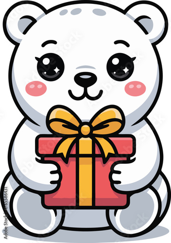 Adorable cartoon white bear holding a red gift box with a yellow bow on a white background cute