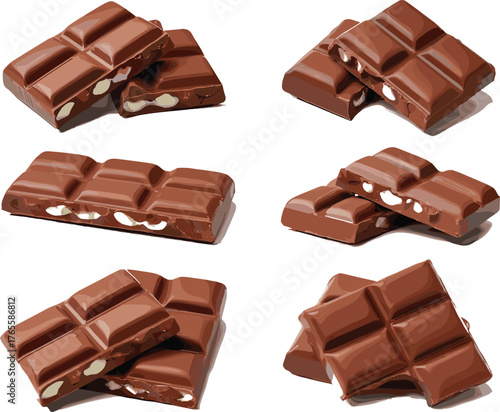 Milk chocolate bars with nuts, sweet dessert squares, cocoa snack pieces, tasty confectionery treats, isolated food illustration, realistic vector design