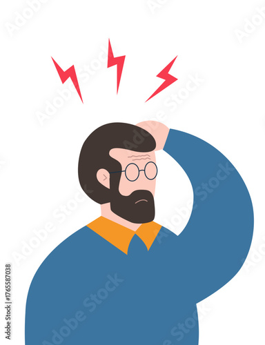 Man suffering from headache, holding head with hands.