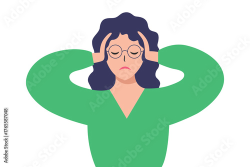 Woman suffering from headache, holding head with hands.