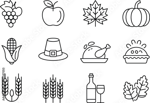 Autumn harvest icons, Thanksgiving food, fall leaves, seasonal fruits, pilgrim hat, roasted turkey, wheat stalks, corn, pie, wine, vector set