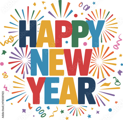 Colorful happy new year text with festive fireworks and confetti decorations in vibrant style