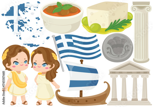 Vector Greece Clip Art Set Culture Travel Elements Flag Parthenon Column Ancient Greek God Goddess Boat Feta Illustration Isolated on White Background Graphic Athens Landmark