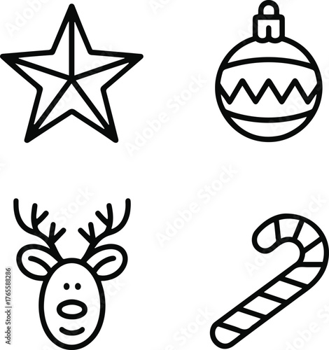 Outline of festive Christmas icons featuring star bauble reindeer candy cane on white background