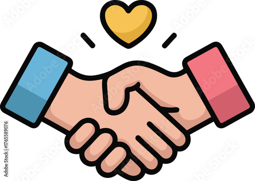 Cartoon handshake with heart symbolizing trust and promise on white background with word promise