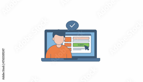 User submits an online registration on a laptop, personal data sent and confirmed with a checkmark on screen, symbolizing successful account creation and completed profile