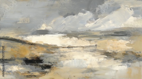 Brushstrokes evoke serene abstract land and cloudscape artwork scene.