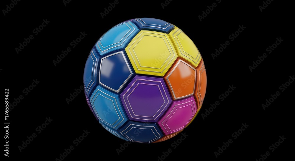 Fototapeta premium Vibrant Multi-Colored Soccer Ball on a Solid Black Background.