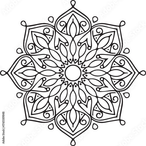 Ornate symmetrical floral mandala featuring stylized leaves and swirls, presented with transparent background