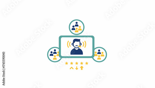 Customer service representative wearing headset communicating with clients, collecting feedback and ratings to represent online support, helpdesk, user satisfaction on white background