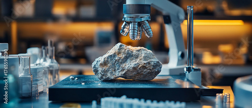 Microscope studies rock in the lab, state of the art equipment and test tubes on the table.
Ideal for scientific papers, educational materials about geology or laboratory research.