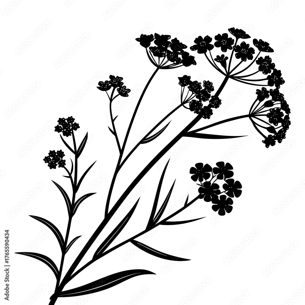 Naklejka premium Delicate Floral Silhouettes Grace Transparent Backdrop. Artistic Botanical Design, Nature-Inspired Vector Graphic with Plant Details and Detailed Foliage.