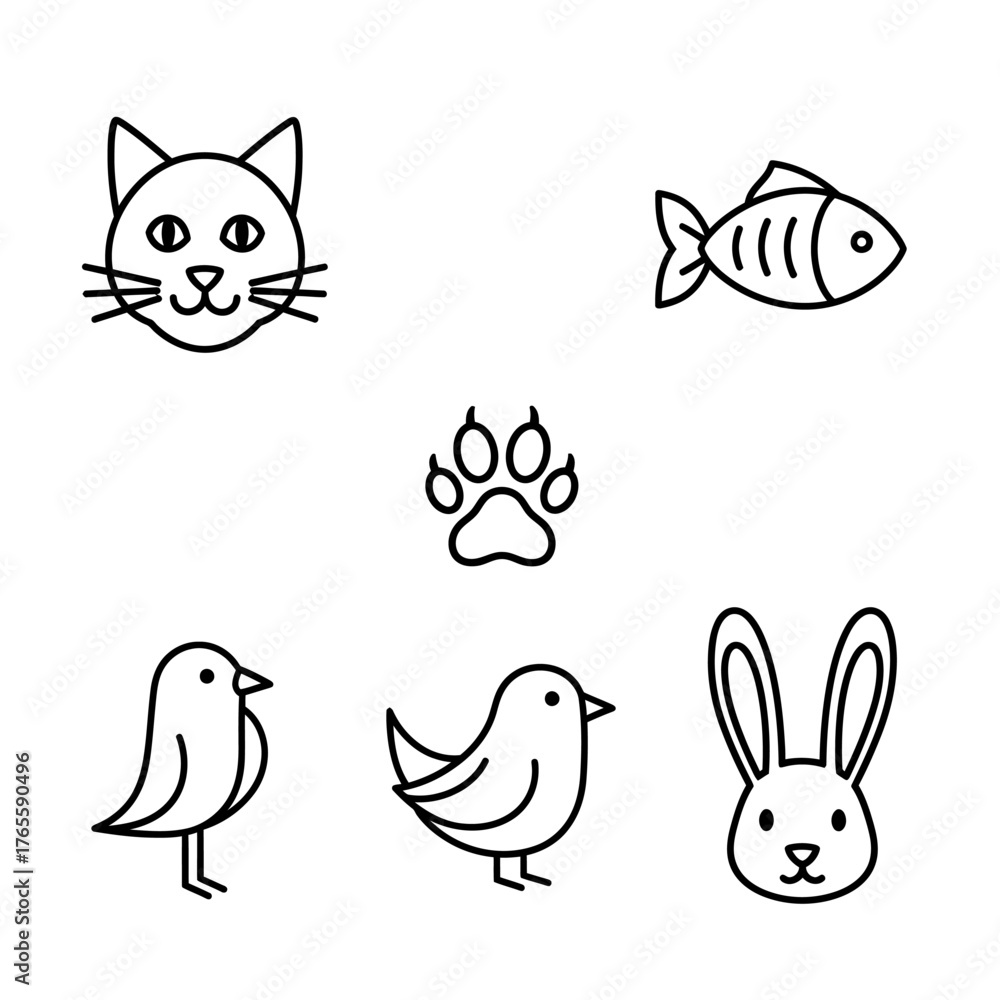 Fototapeta premium Cute Pet Icons Cat Fish Paw Birds and Rabbit.