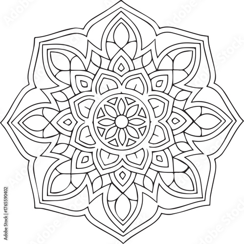 Symmetrical floral element showcases a black outline presenting a simple, bold mandala on white